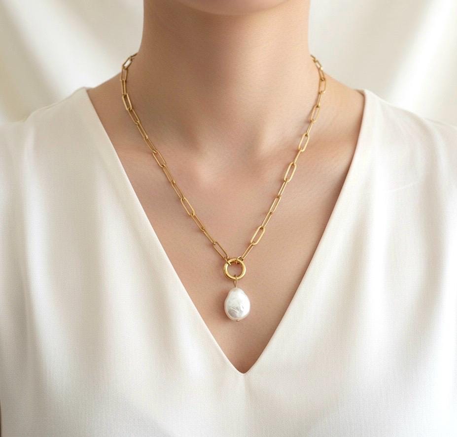 Large Paperclip Chain Necklace with White Freshwater Teardrop Pearl Pendant – Stainless Steel or Gold