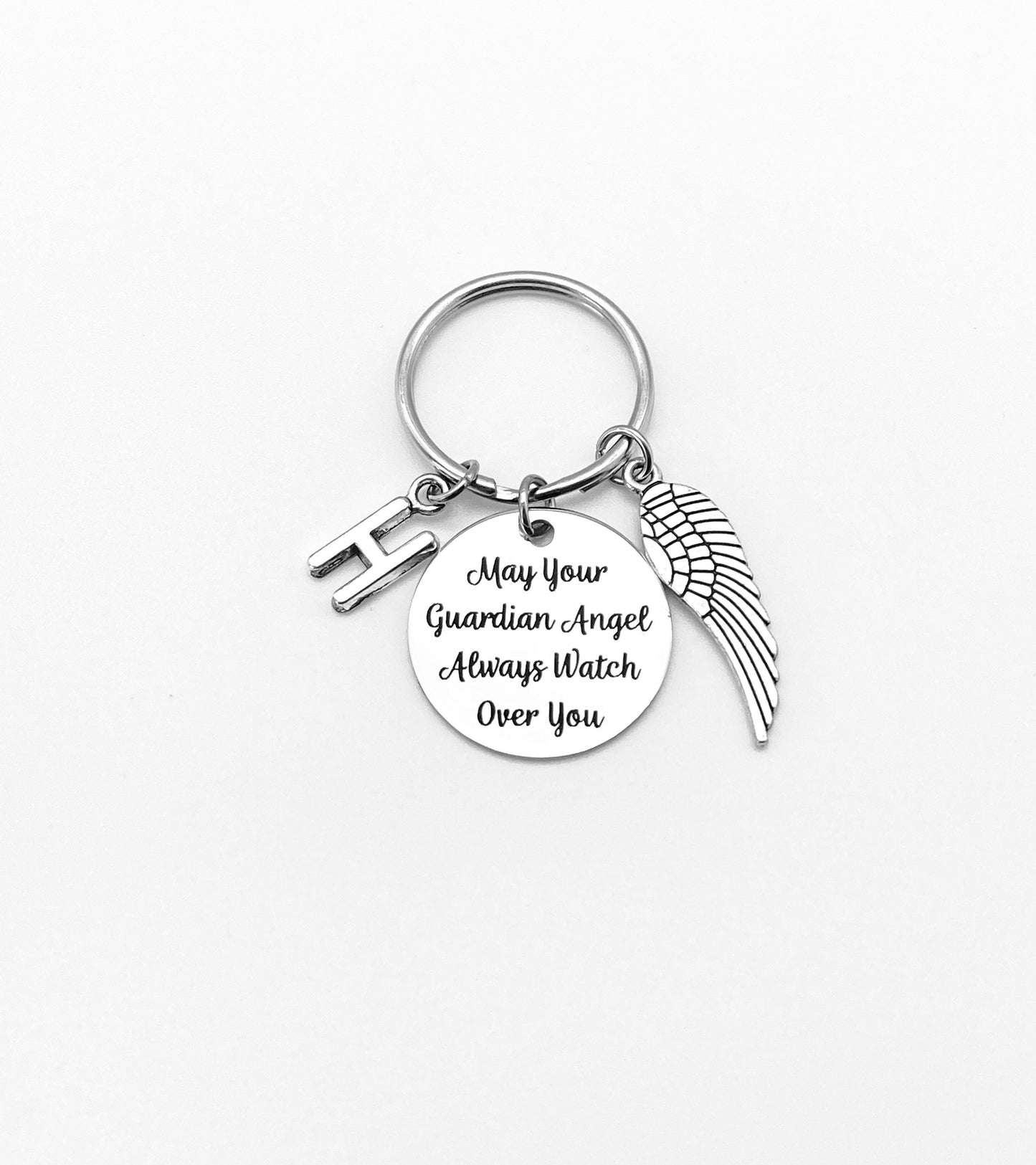 May Your Guardian Angel Always Watch Over You Key Chain with Initial and Angel Wing • Personalized Memorial Angel Keychain