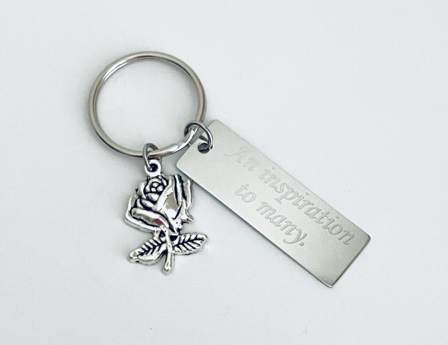 Personalized Key Chain with Rose Charm • Custom Engraved Floral Keychain Gift for Her