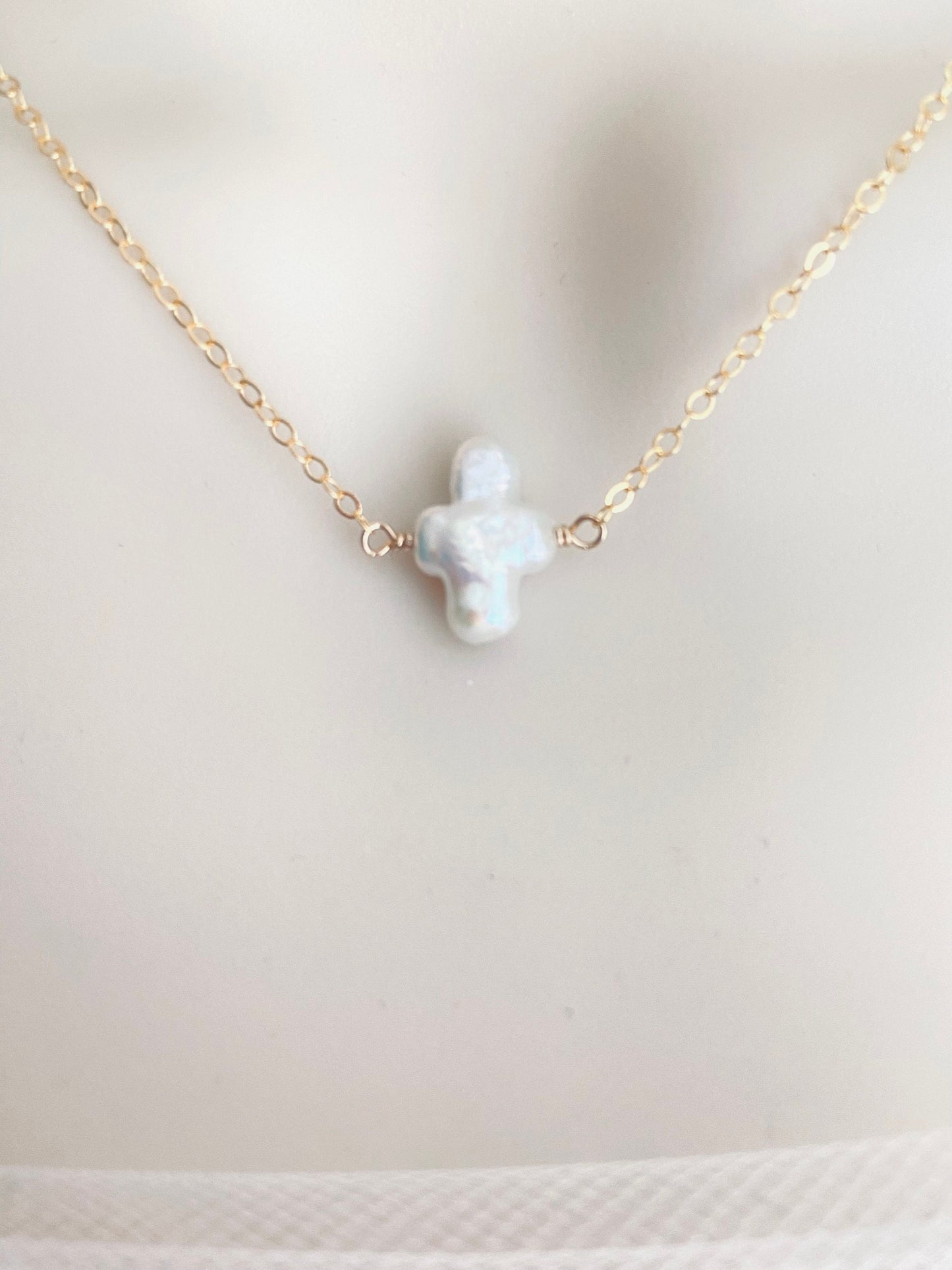 White Freshwater Pearl Cross Necklace in Sterling Silver or Gold Filled • Christian Pearl Jewelry Gift