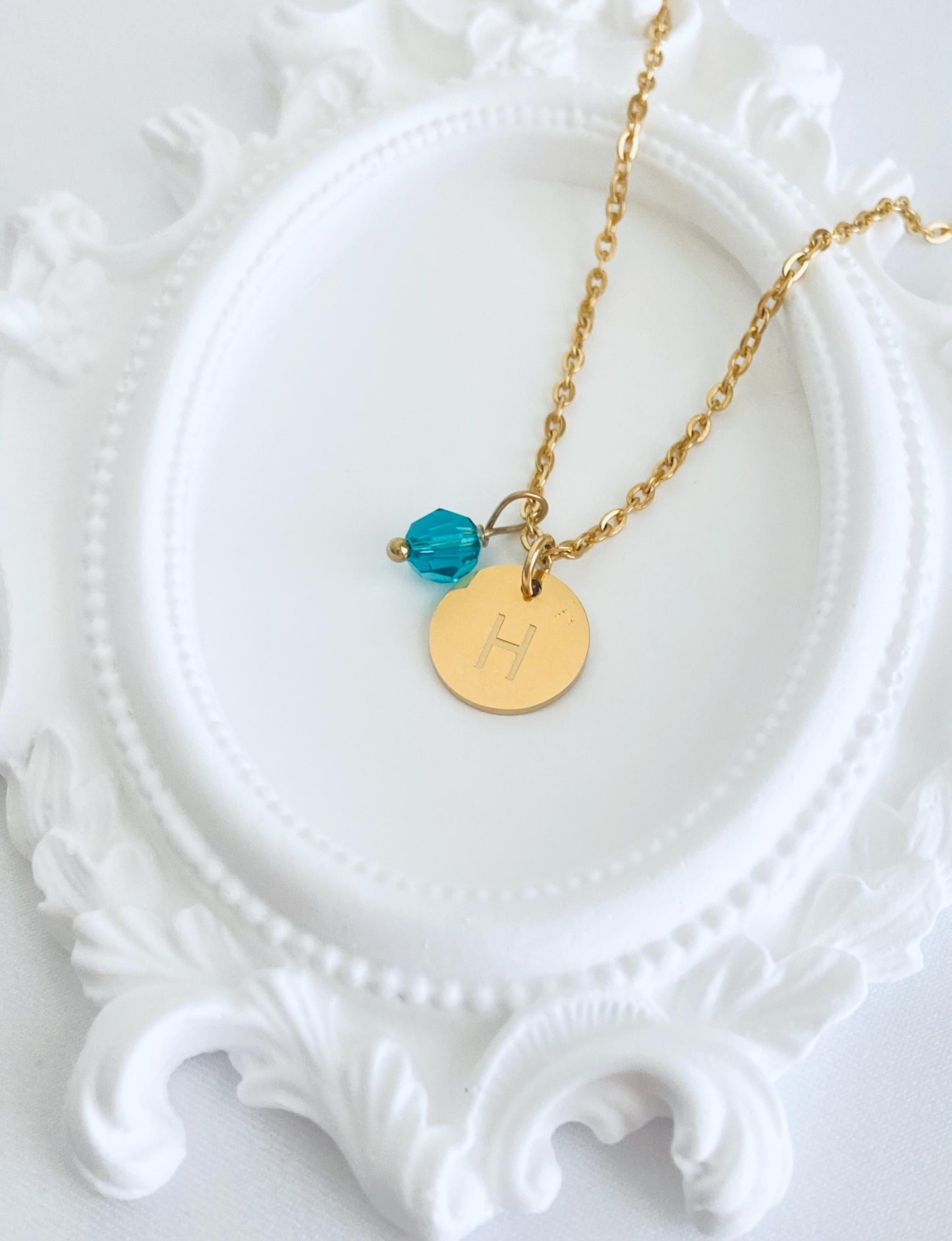 Stainless Steel Gold Initial Necklace with Swarovski Birthstone • Personalized Letter Pendant Necklaceold