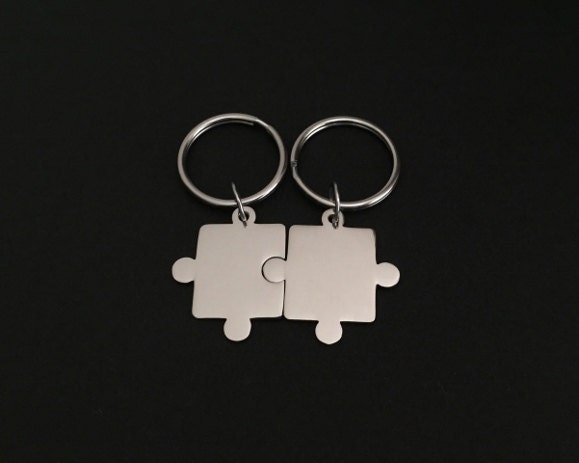 Personalized Stainless Steel Puzzle Keychain Set • Custom Engraved Matching Key Chains
