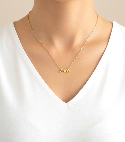 Personalized Two Initial Necklace • Stainless Steel Double Initial Necklace with Heart Charm