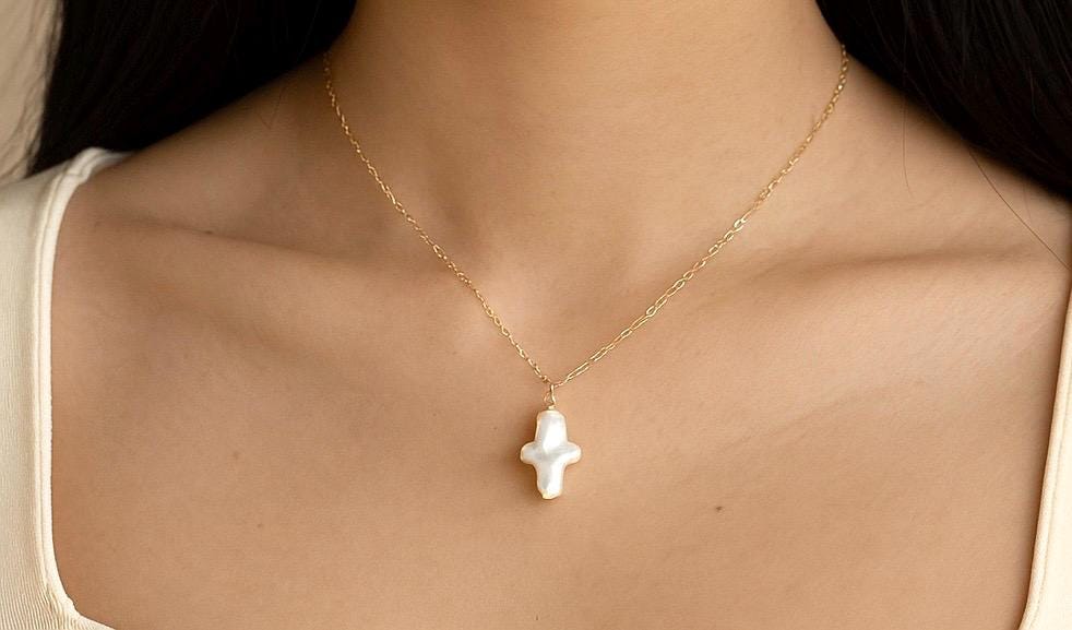 White Freshwater Pearl Cross Pendant Necklace in Sterling Silver or Gold Filled • Christian Faith Jewelry Gift
