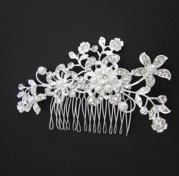 Rhinestone and Glass Pearl Floral Hair Comb • Bridal Wedding Hair Accessory for Bride & Bridesmaids