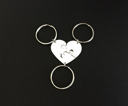Personalized 3-Piece Heart Puzzle Keychain Set • Custom Engraved Matching Key Chains for Family & Friends