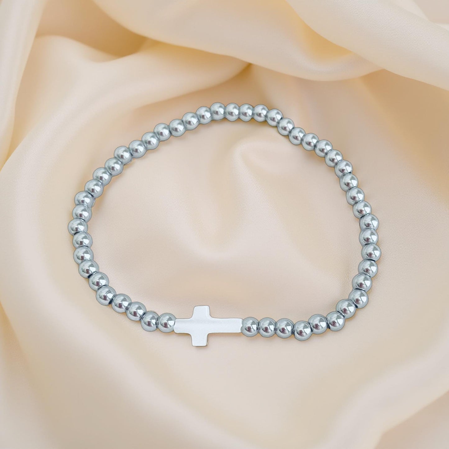 Stainless Steel Beaded Stretch Bracelet with Shell Cross • Christian Faith Jewelry Gift
