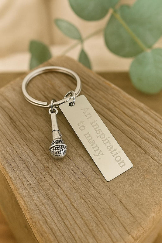 Personalized Key Chain with Microphone Charm • Custom Engraved Stainless Steel Keychain