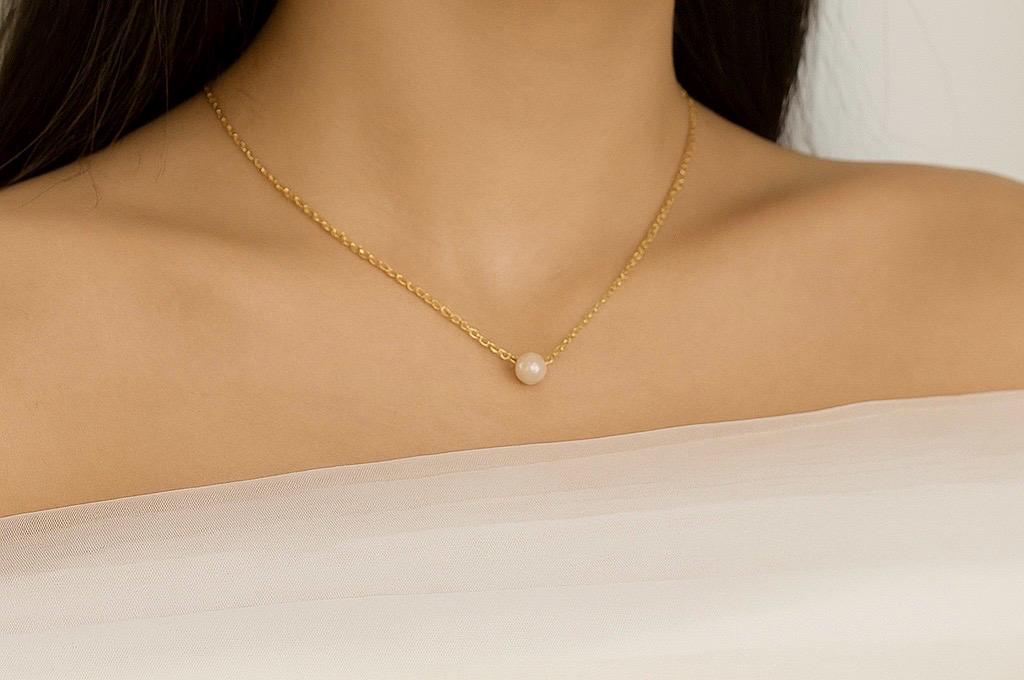 Stainless Steel Floating Pearl Necklace • Big Hole Pearl Necklace in Silver, Gold or Rose Gold