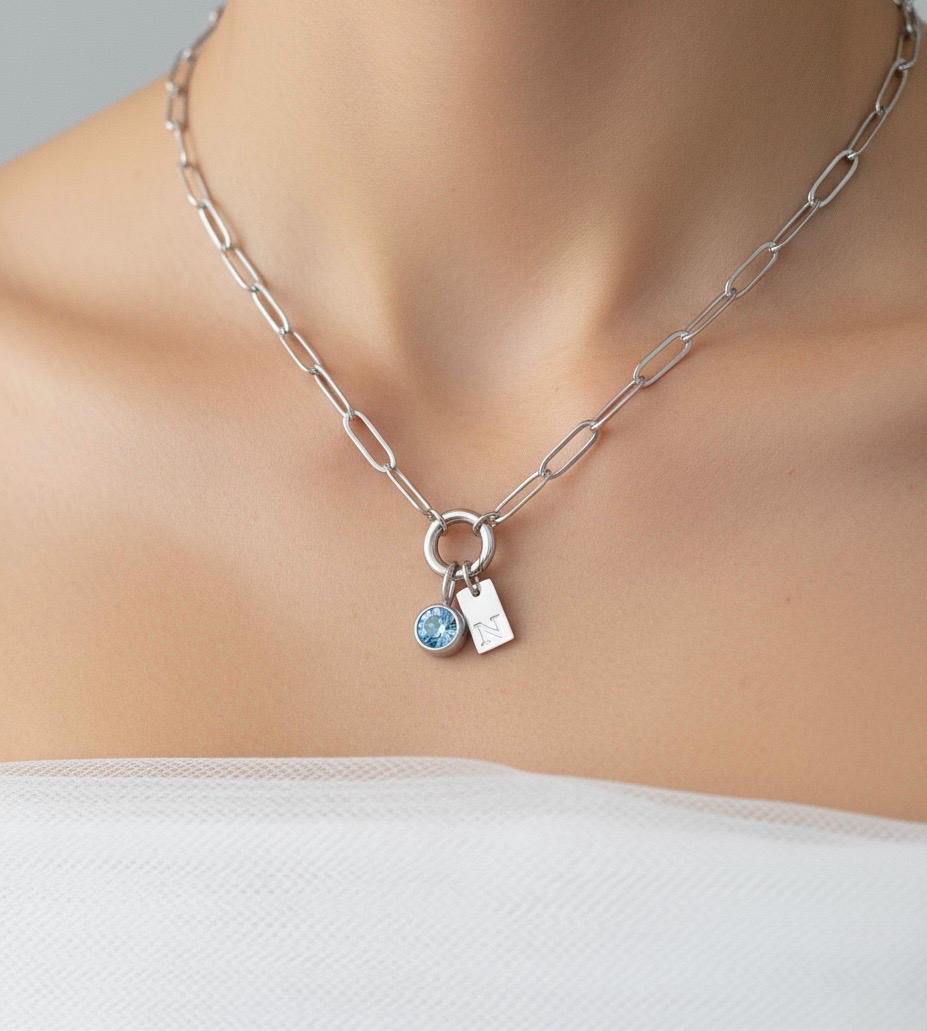 Personalized Stainless Steel Paperclip Chain Necklace with Birthstone & Initial Charm • Custom Name Jewelry Gift