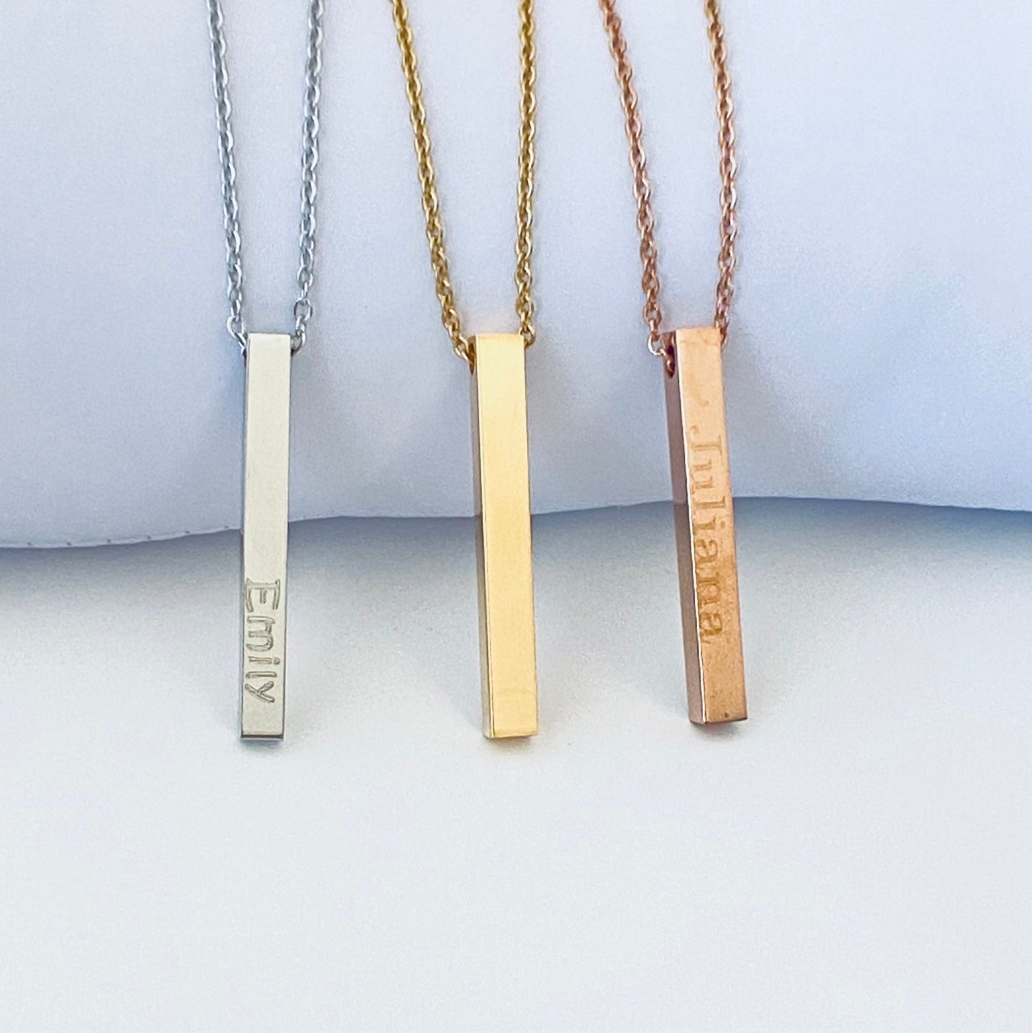 Personalized Long Square Bar Necklace • Stainless Steel, Gold or Rose Gold Custom Engraved Necklace