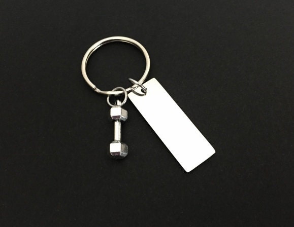 Personalized Key Chain with Small Dumbbell Charm • Custom Engraved Stainless Steel Fitness Keychain