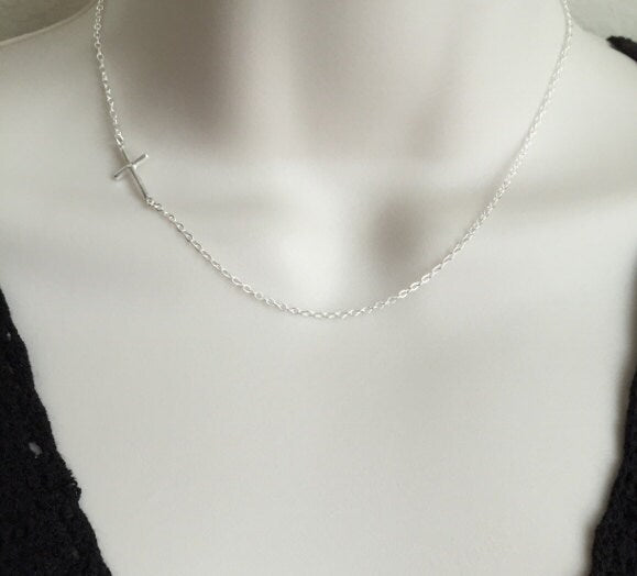 Sterling Silver Slim Sideways Cross Pendant Necklace • Minimalist Faith Necklace