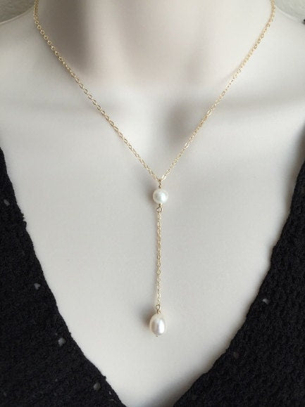 Dangle Y Pearl Pendant Necklace • Sterling Silver or Gold Filled