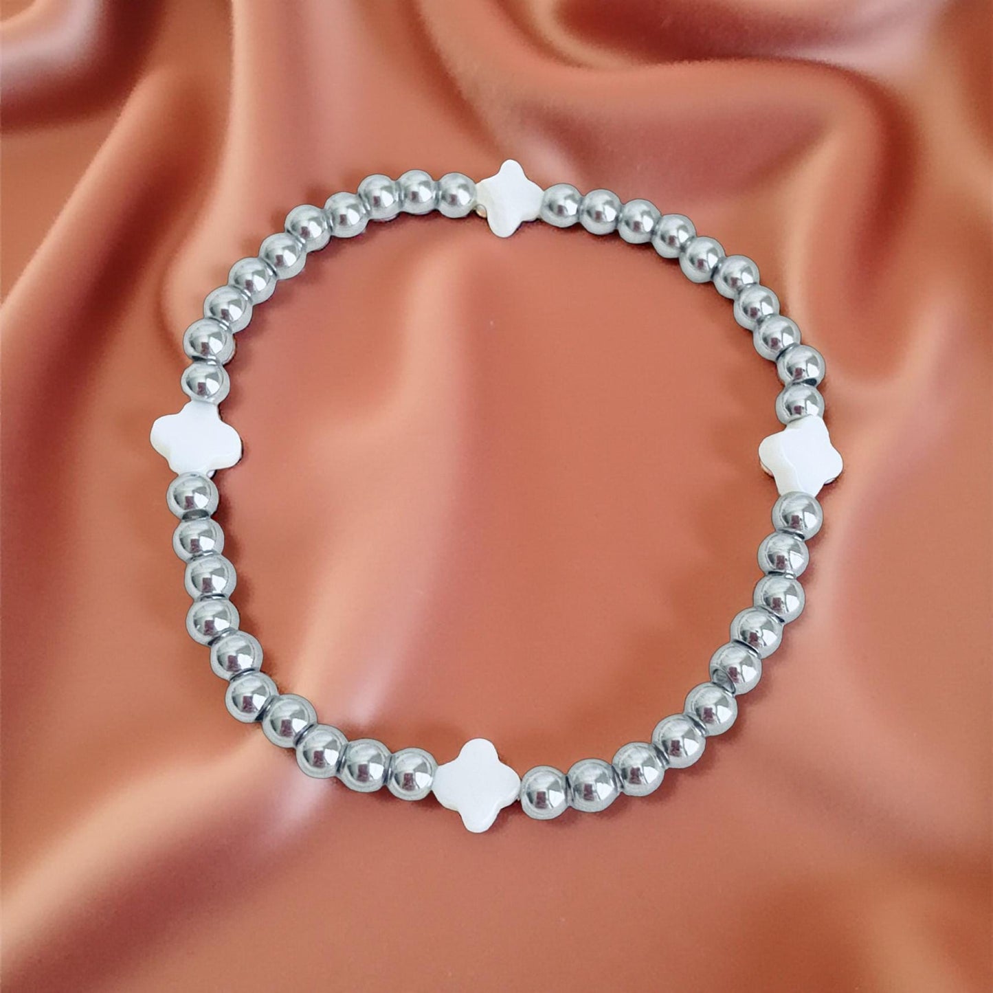 Stainless Steel Beaded Stretch Bracelet with Shell Clover Beads • Lucky Charm Jewelry for Women