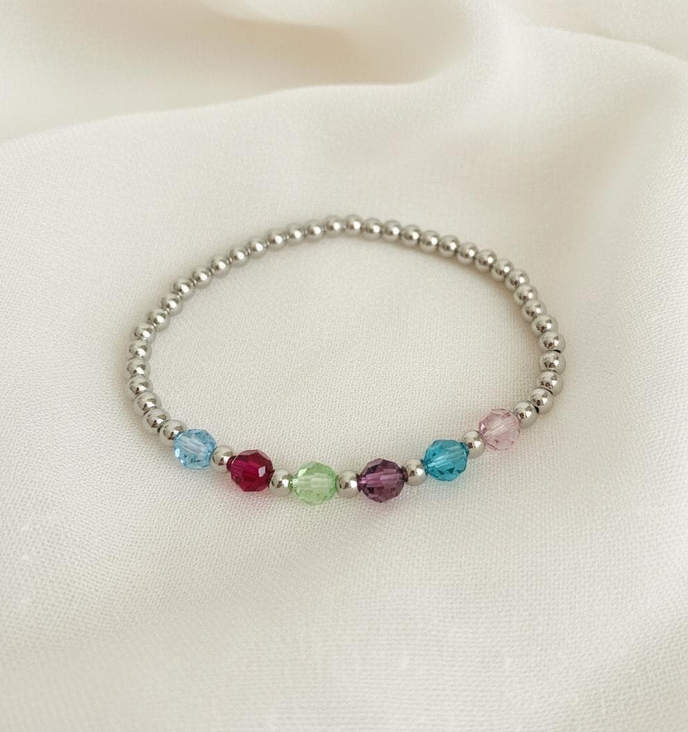 Stainless Steel Beaded Stretch Bracelet with Swarovski Crystal Birthstones