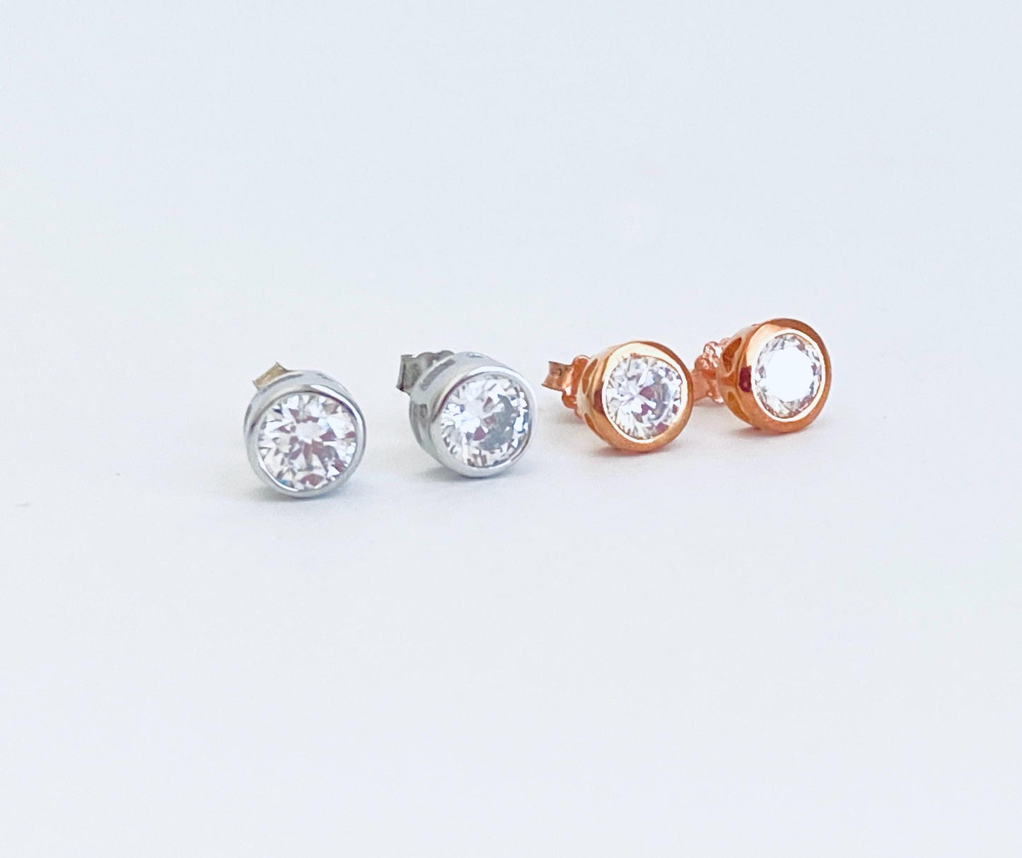 Sterling Silver Solitaire Stud Earrings • 925 Silver or Rose Gold over Sterling Silver