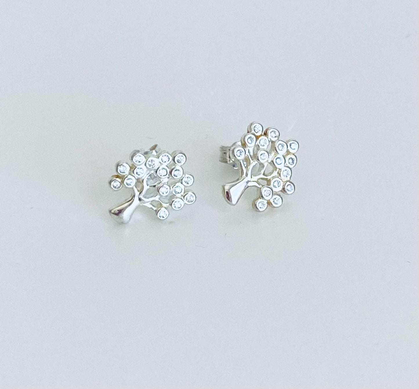 Sterling Silver Tree Stud Earrings with Tiny CZ  accent • 925 Silver Tree of Life Studs