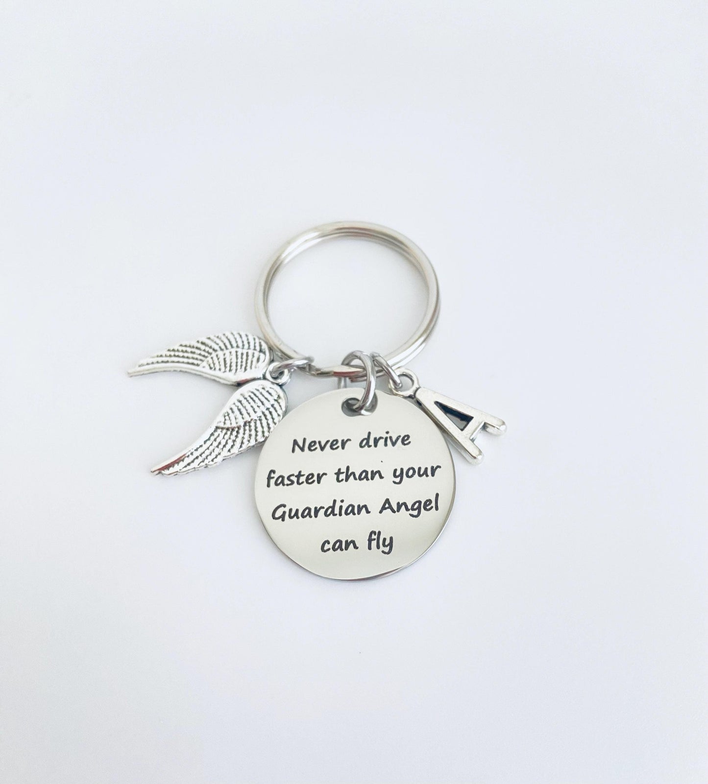 Personalized Drive Safe Keychain • Never Drive Faster Than Your Guardian Angel Can Fly Key Chain with Initial
