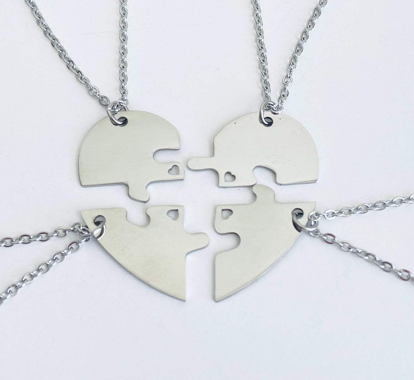 Personalized Stainless Steel 4-Piece Puzzle Necklace Set with Tiny Heart Cutout • Custom Engraved Matching Necklaces