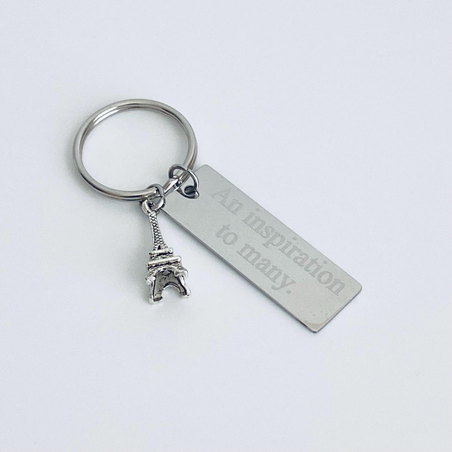 Personalized Eiffel Tower Key Chain with Stainless Steel Tag • Custom Engraved Paris Keychain Gift