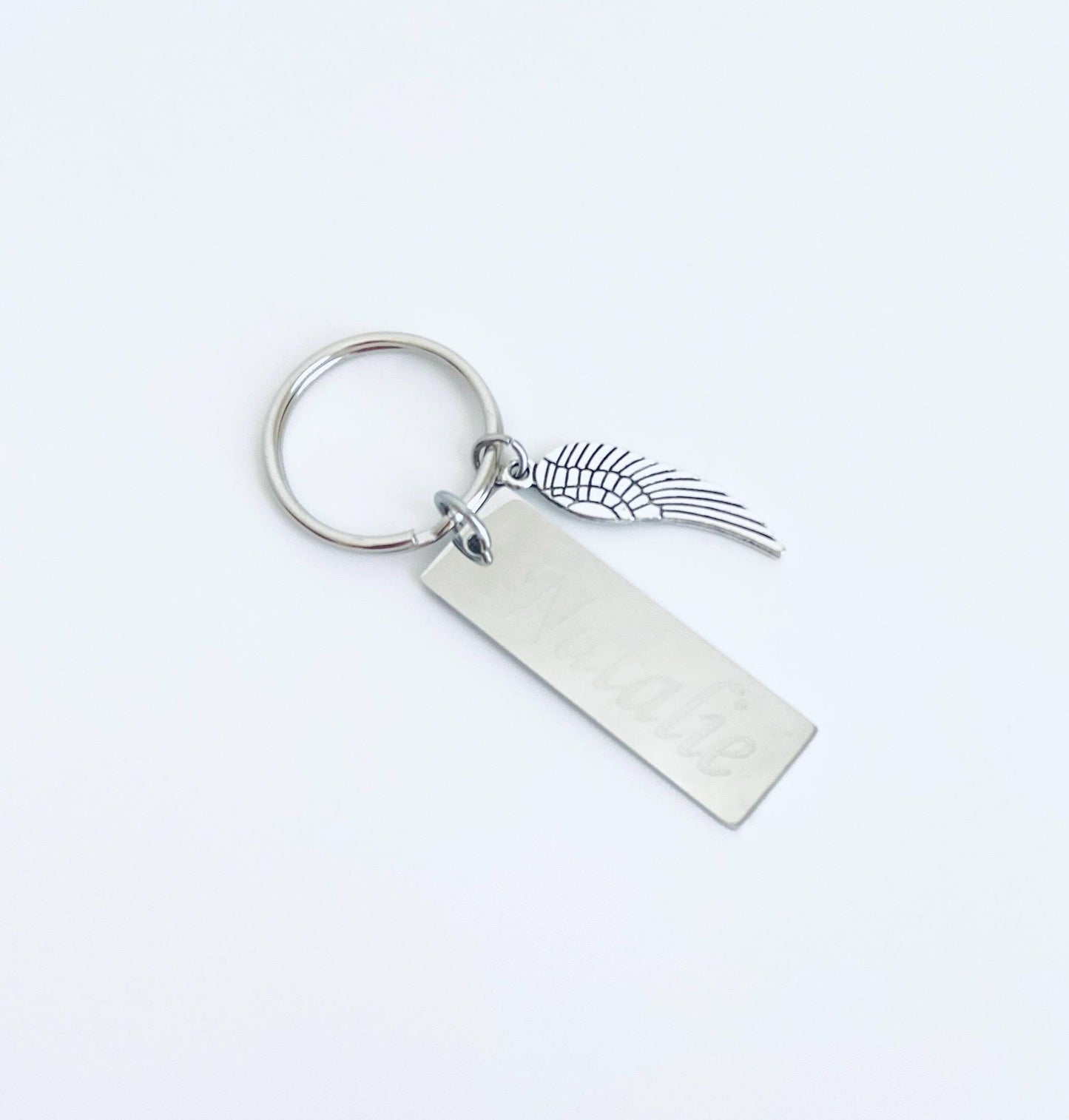 Personalized Angel Wing Keychain  • Custom Engraved Key Chain with Angel Wing Charm