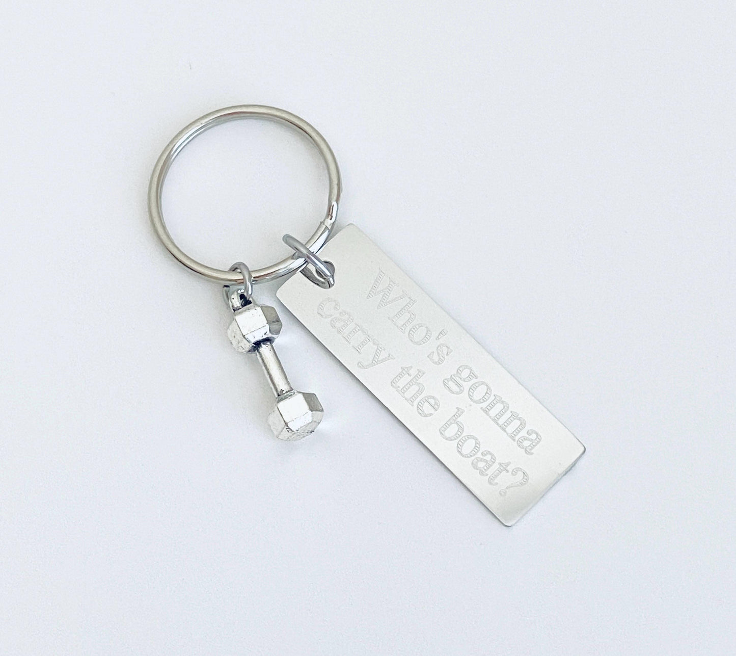 Personalized Key Chain with Small Dumbbell Charm • Custom Engraved Stainless Steel Fitness Keychain