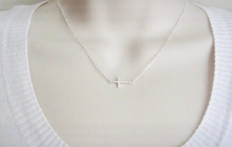 Sterling Silver Slim Sideways Cross Pendant Necklace • Minimalist Faith Necklace