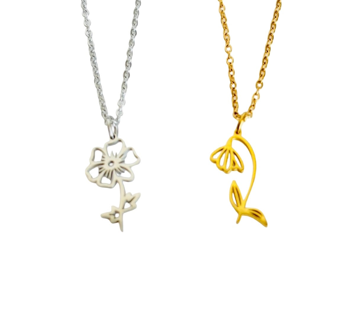 Personalized Birth Flower Pendant Necklace • Stainless Steel & Gold over Stainless Steel