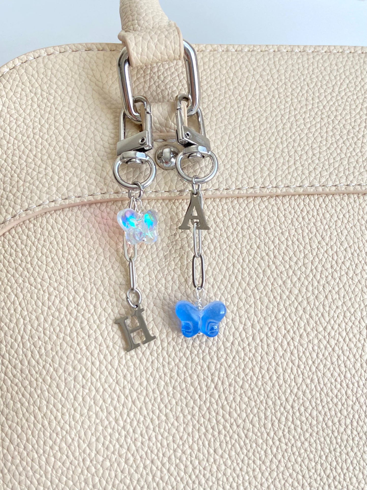 Clip-On Purse Charm with Stainless Steel Initial & Acrylic Butterfly