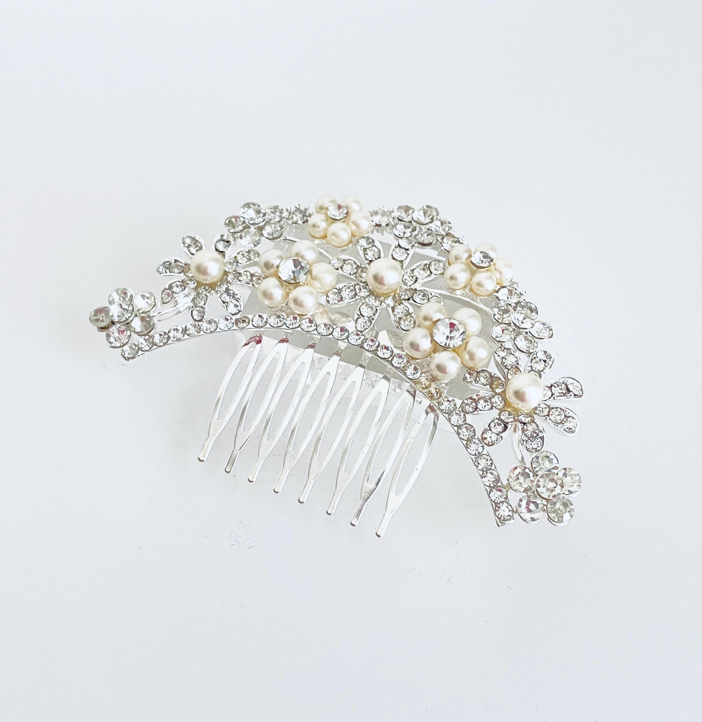 Rhinestone and White Glass Pearl Hair Comb • Elegant Wedding Hair Comb for Bridal Veil