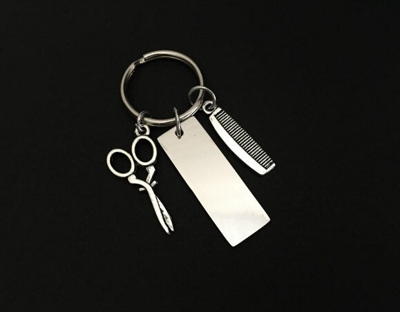 Personalized Hair Stylist Keychain with Comb and Scissor Charm • Engraved Gift for Hairdresser, Barber or Cosmetologist