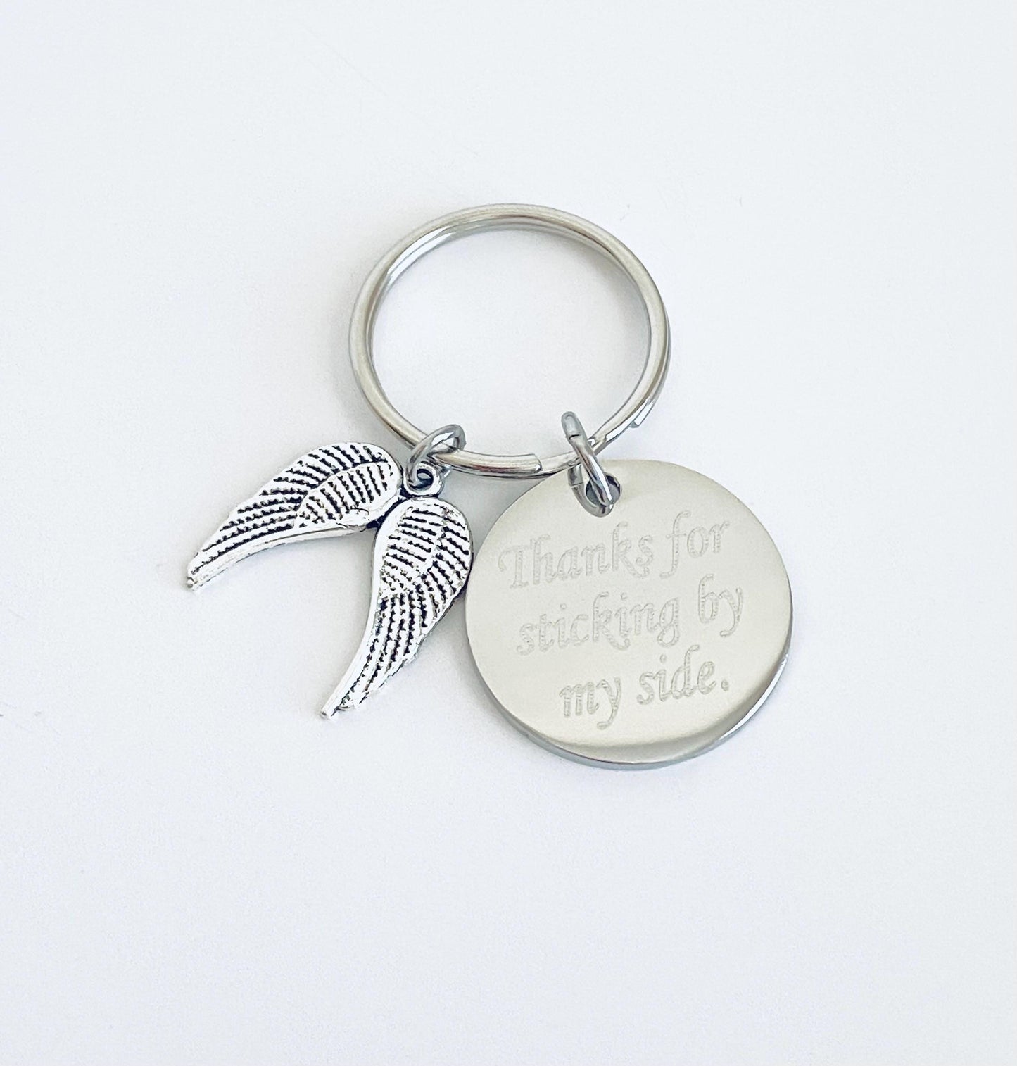 Personalized Stainless Steel Tag with Angel Wing Key Chain • Custom Engraved Guardian Keychain