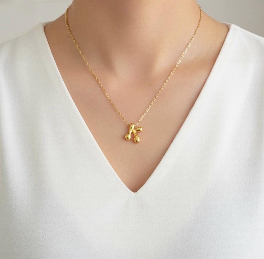 Stainless Steel Large Bubble Initial Charm Necklace • Personalized Letter Necklace in Stainless Steel or Gold Over Stainless Steel