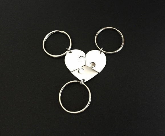 Personalized 3-Piece Heart Puzzle Keychain Set • Custom Engraved Matching Key Chains for Family & Friends