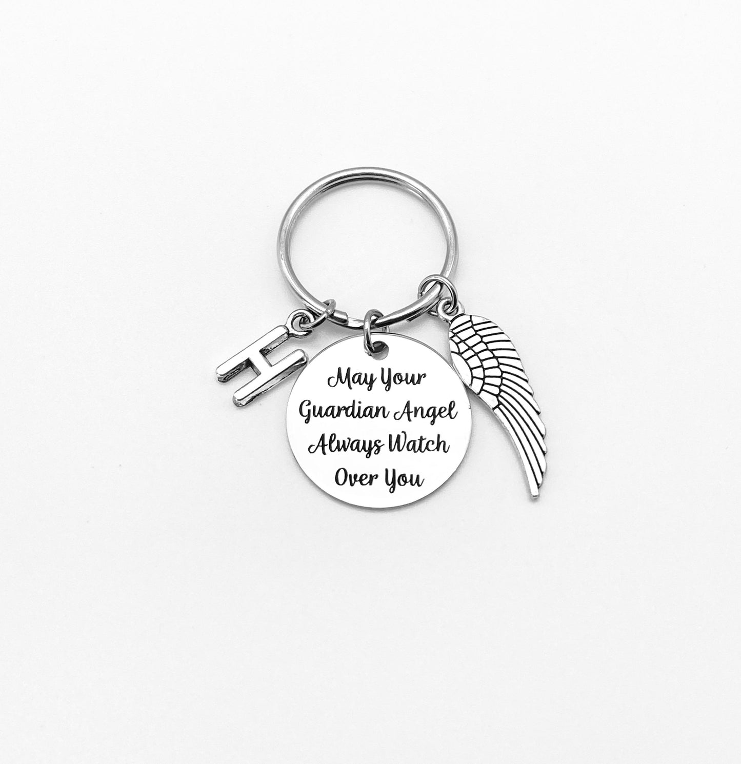 May Your Guardian Angel Always Watch Over You Key Chain with Initial and Angel Wing • Personalized Memorial Angel Keychain