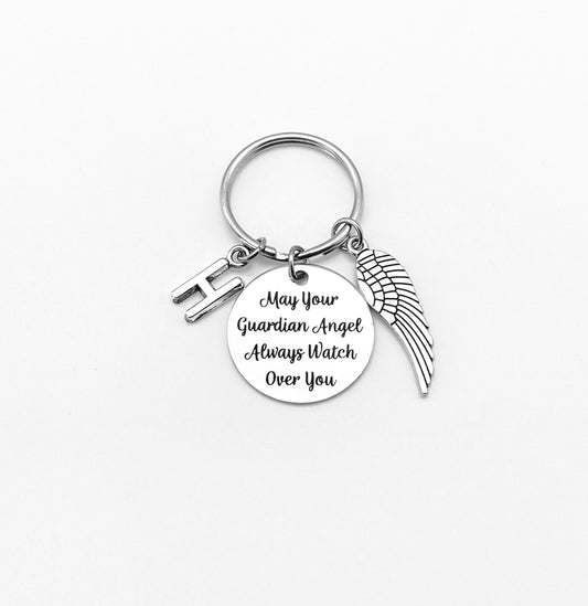 May Your Guardian Angel Always Watch Over You Key Chain with Initial and Angel Wing • Personalized Memorial Angel Keychain