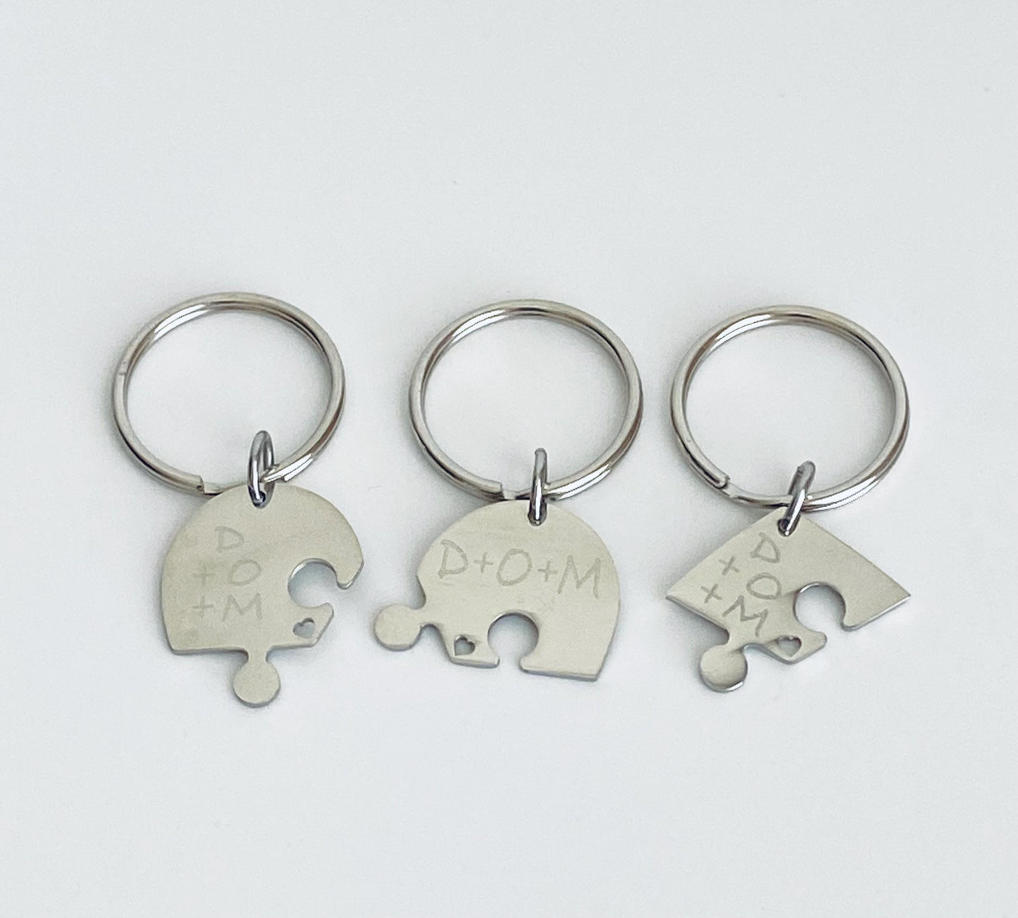 Personalized 3-Piece Heart Puzzle Keychain Set • Custom Engraved Matching Key Chains for Family & Friends