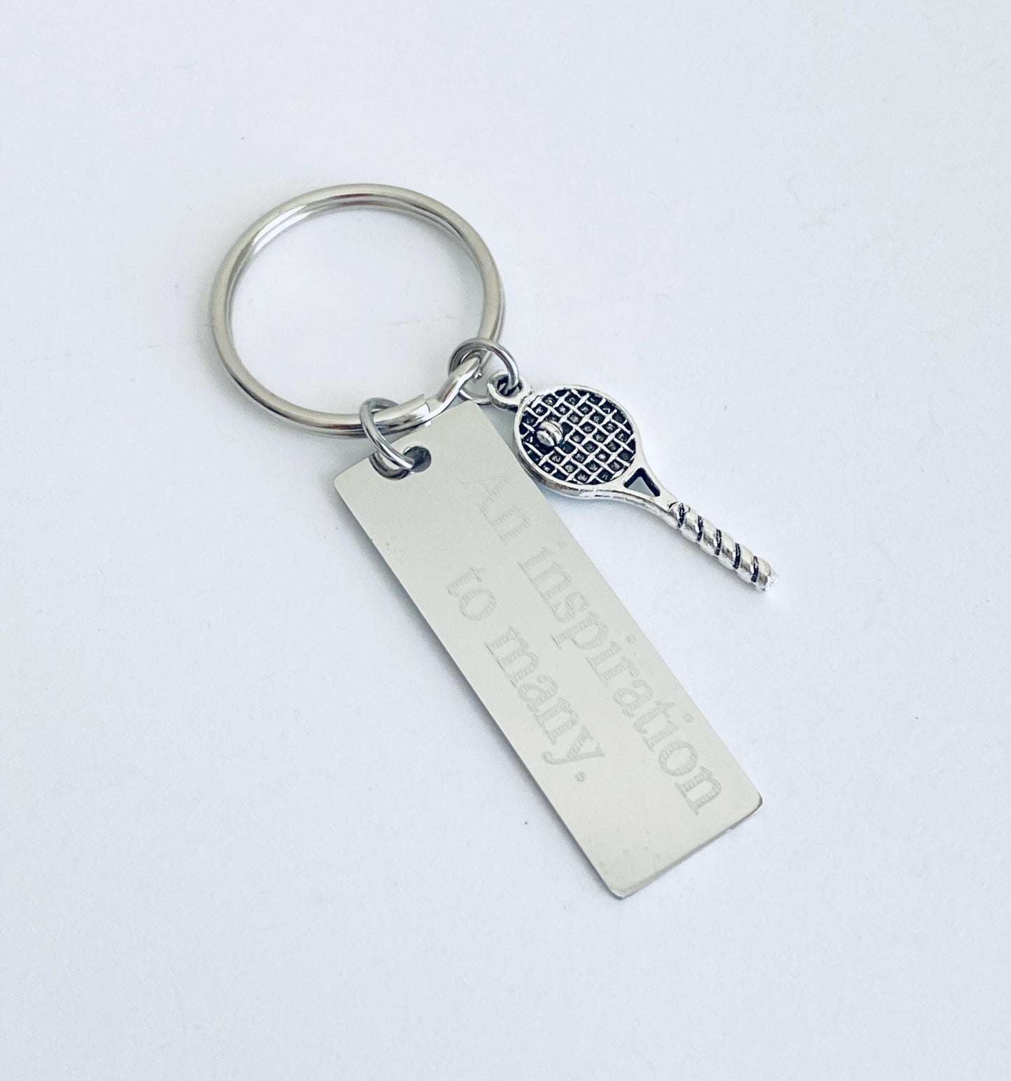 Personalized Stainless Steel Tag with Tennis Racket Charm Key Chain • Custom Engraved Sports Gift