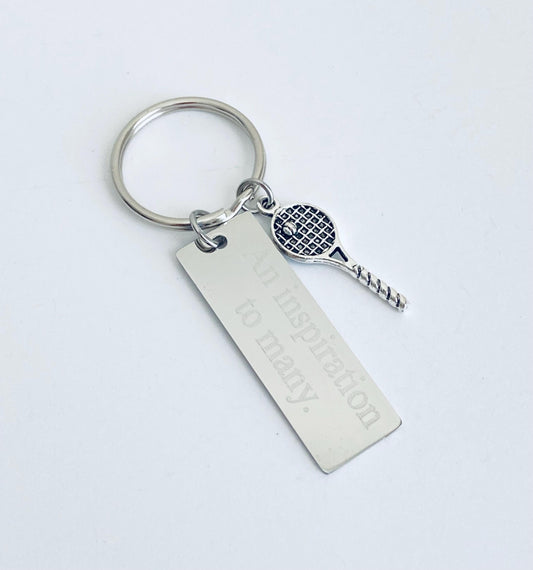 Personalized Stainless Steel Tag with Tennis Racket Charm Key Chain • Custom Engraved Sports Gift