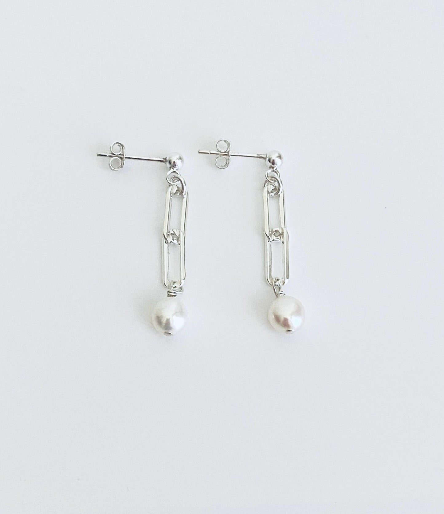 Sterling Silver Paperclip Dangle Earrings • Minimalist Earrings with Plain Link or Freshwater Pearl