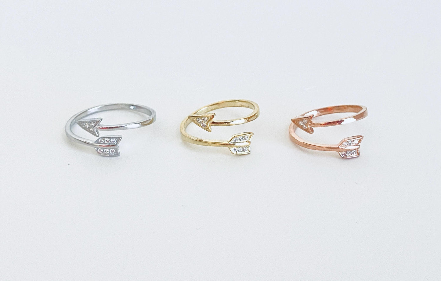Adjustable Sterling Silver Arrow Ring with Rhinestones • Sterling Silver • Gold • Rose Gold