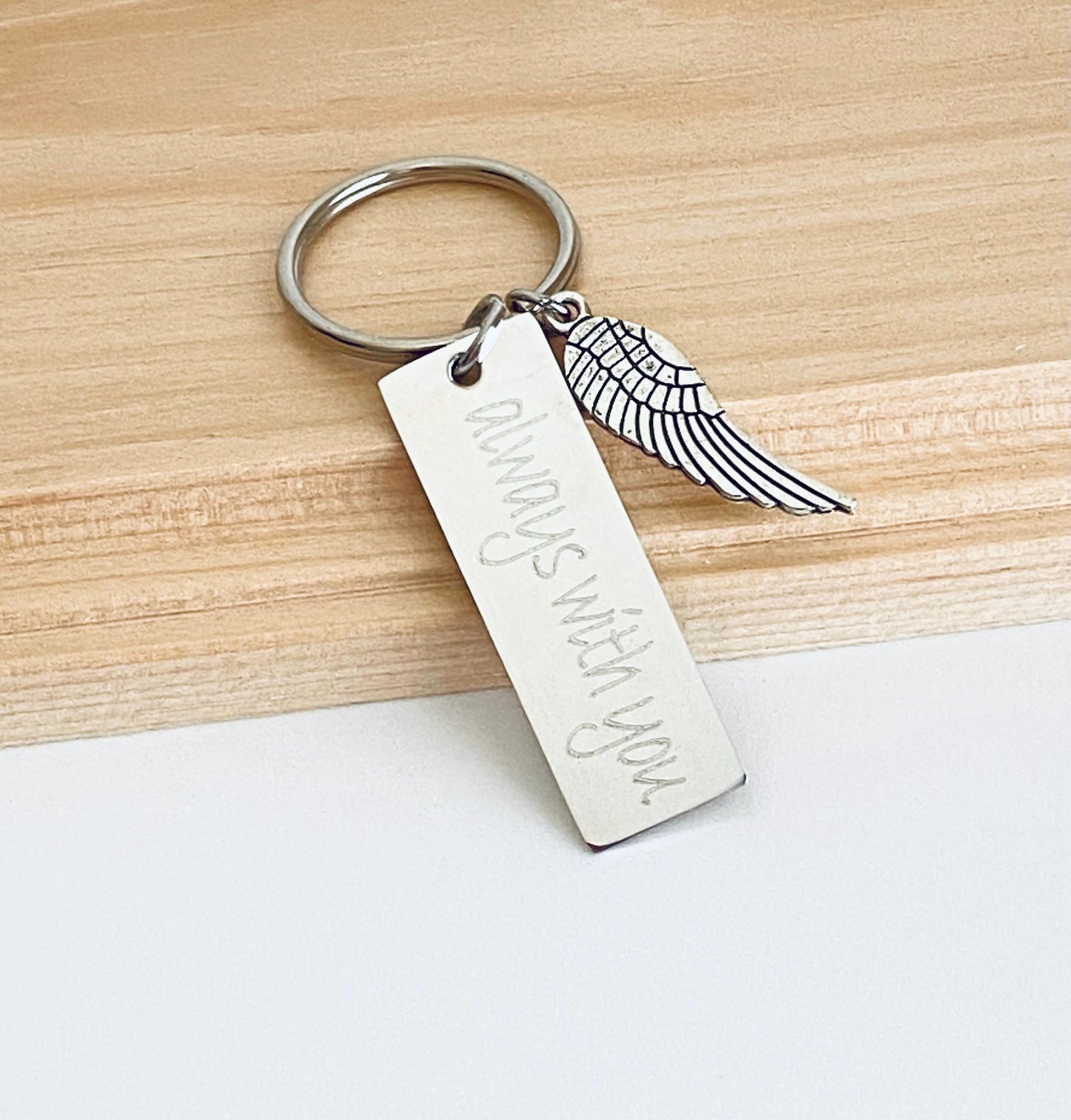 Personalized Angel Wing Keychain  • Custom Engraved Key Chain with Angel Wing Charm