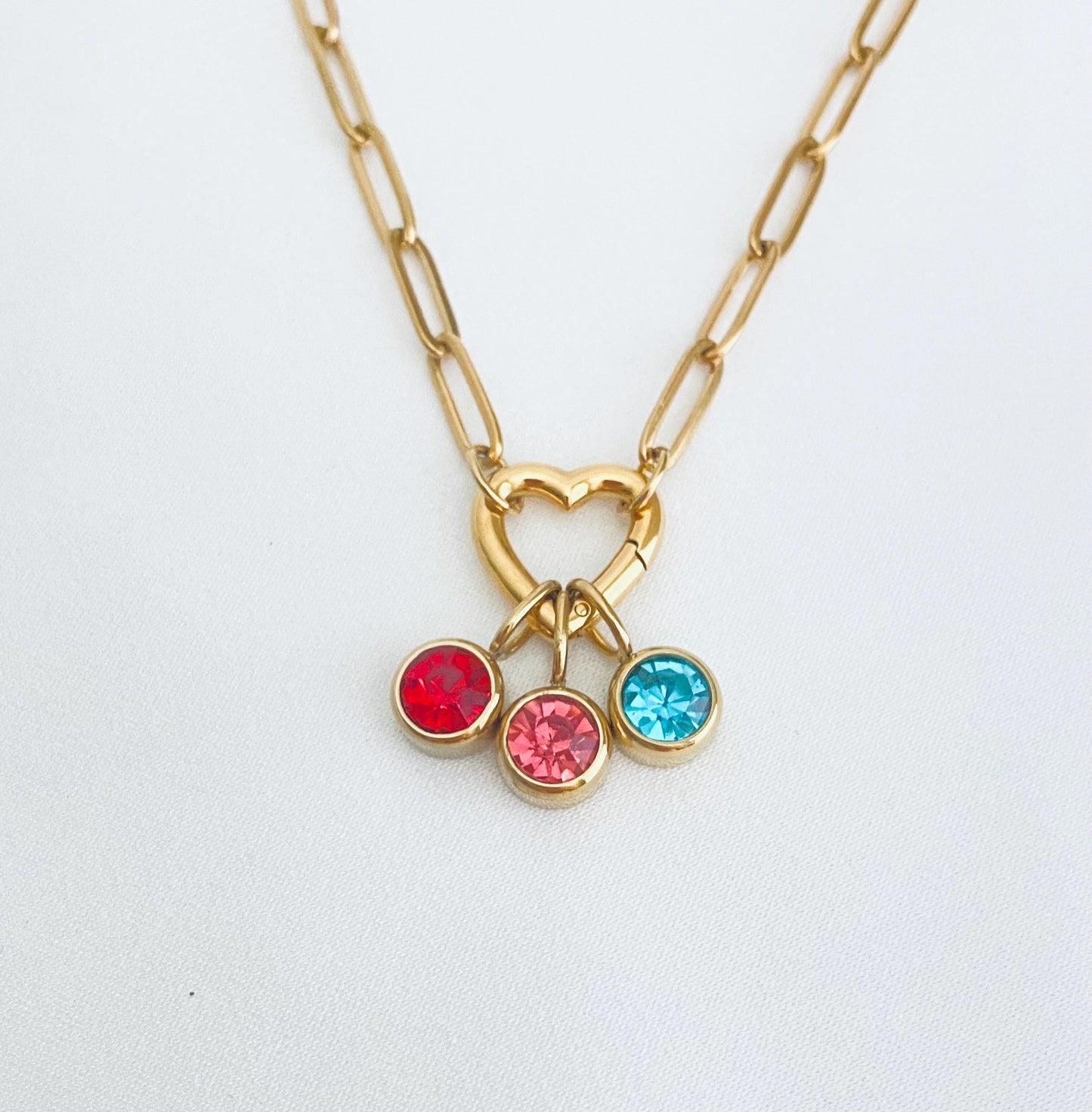 Personalized Birthstone Necklace with Heart Charm Holder • Custom Family Birthstone Necklace