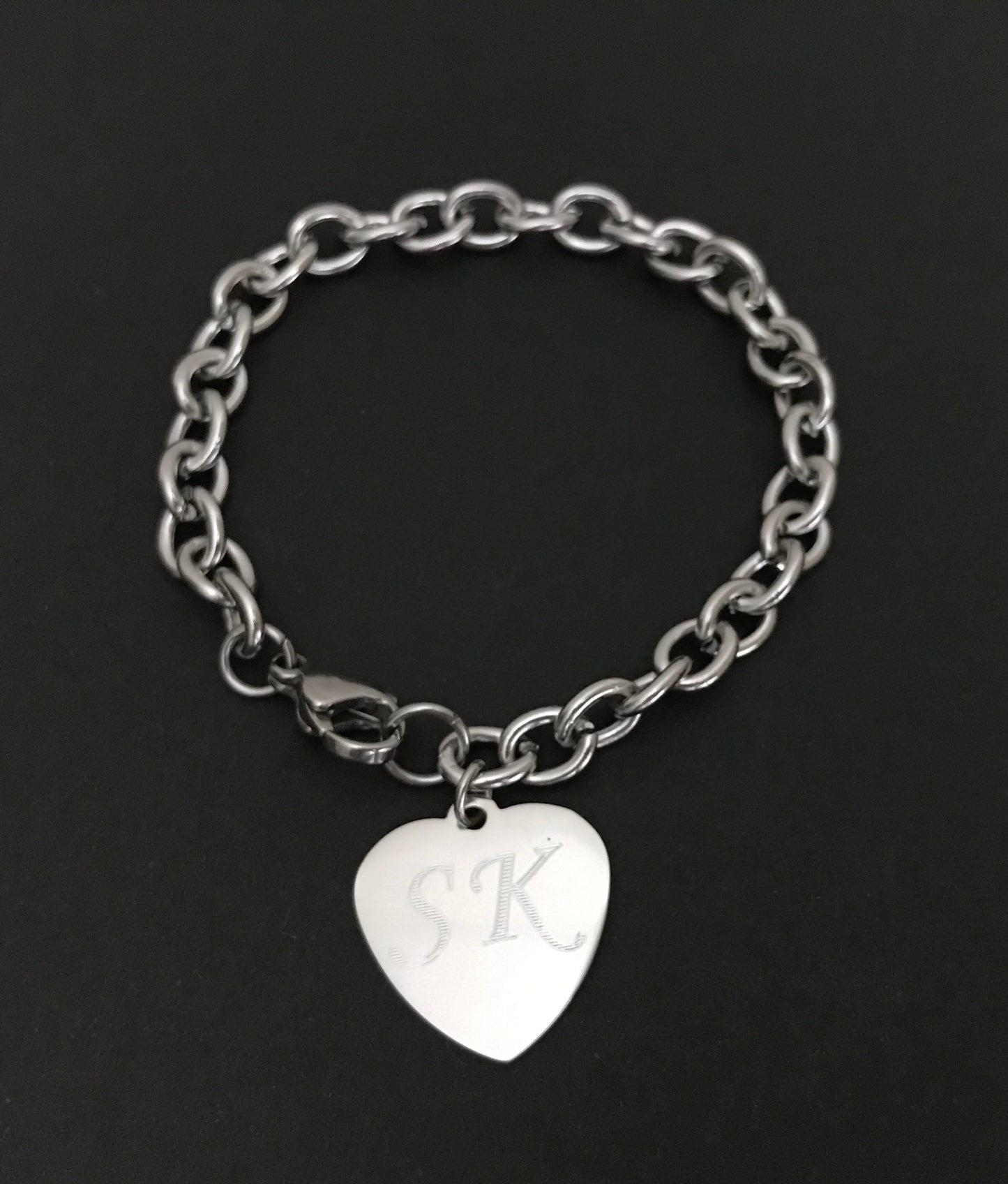 Stainless Steel Chain Bracelet with Personalized Heart Charm • Custom Engraved Bracelet
