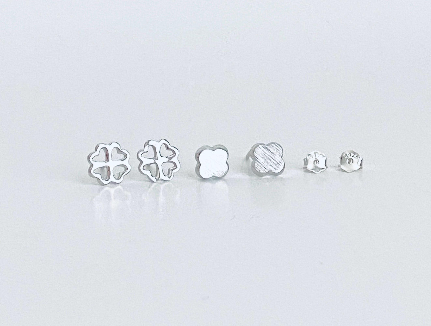 Sterling Silver Clover Stud Earrings •  Lucky Four Leaf Clover 925 Silver Studs