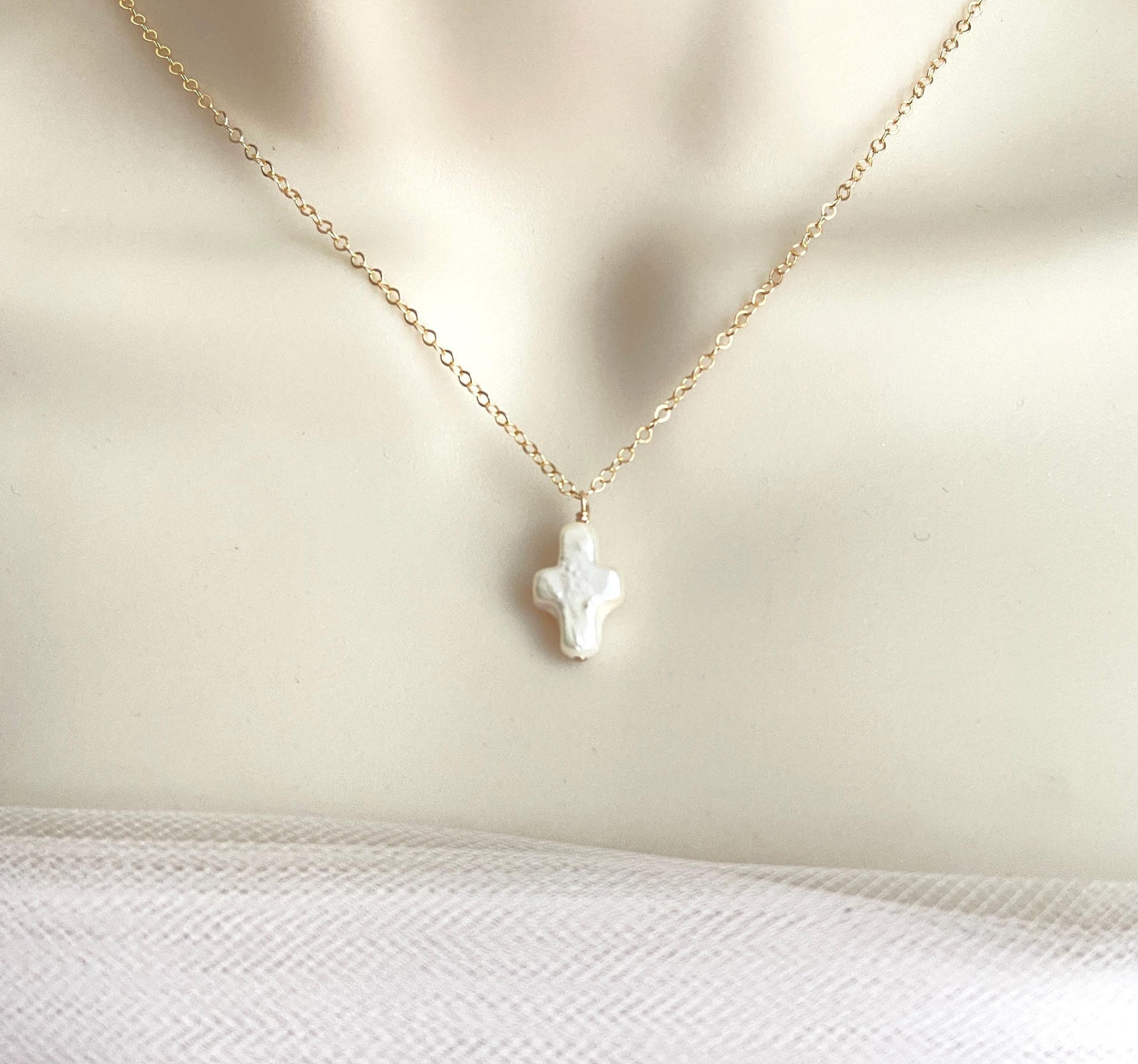White Freshwater Pearl Cross Pendant Necklace in Sterling Silver or Gold Filled • Christian Faith Jewelry Gift