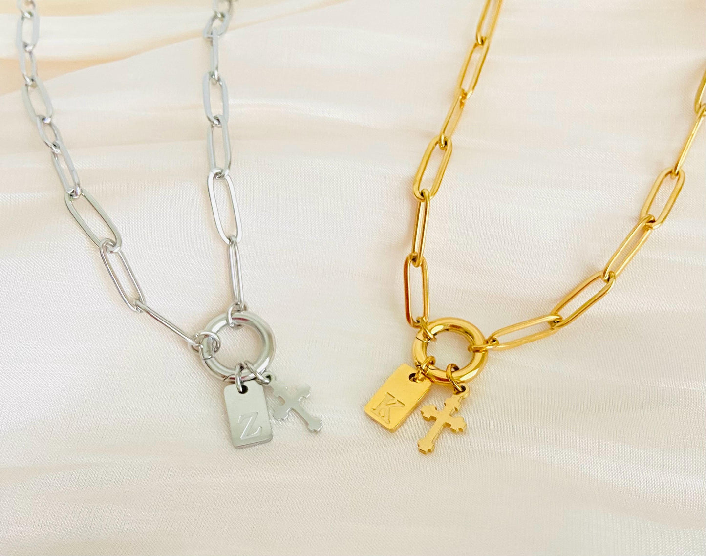Personalized Paperclip Chain Necklace with Cross & Initial Charm • Stainless Steel or Gold
