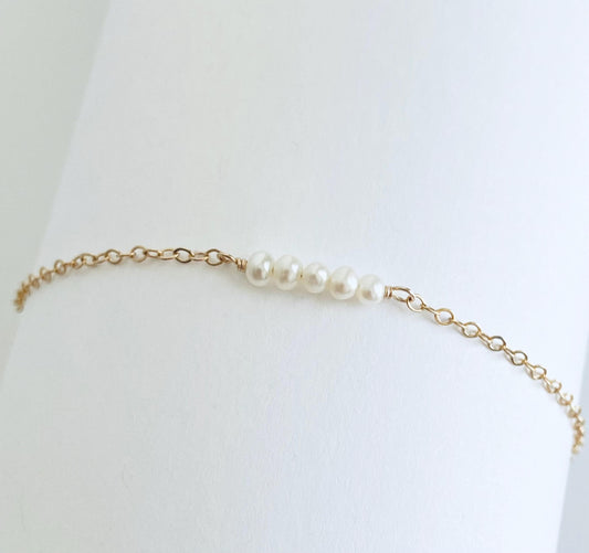 Tiny White Freshwater Pearl Bar Bracelet • Sterling Silver, Gold Filled or Rose Gold