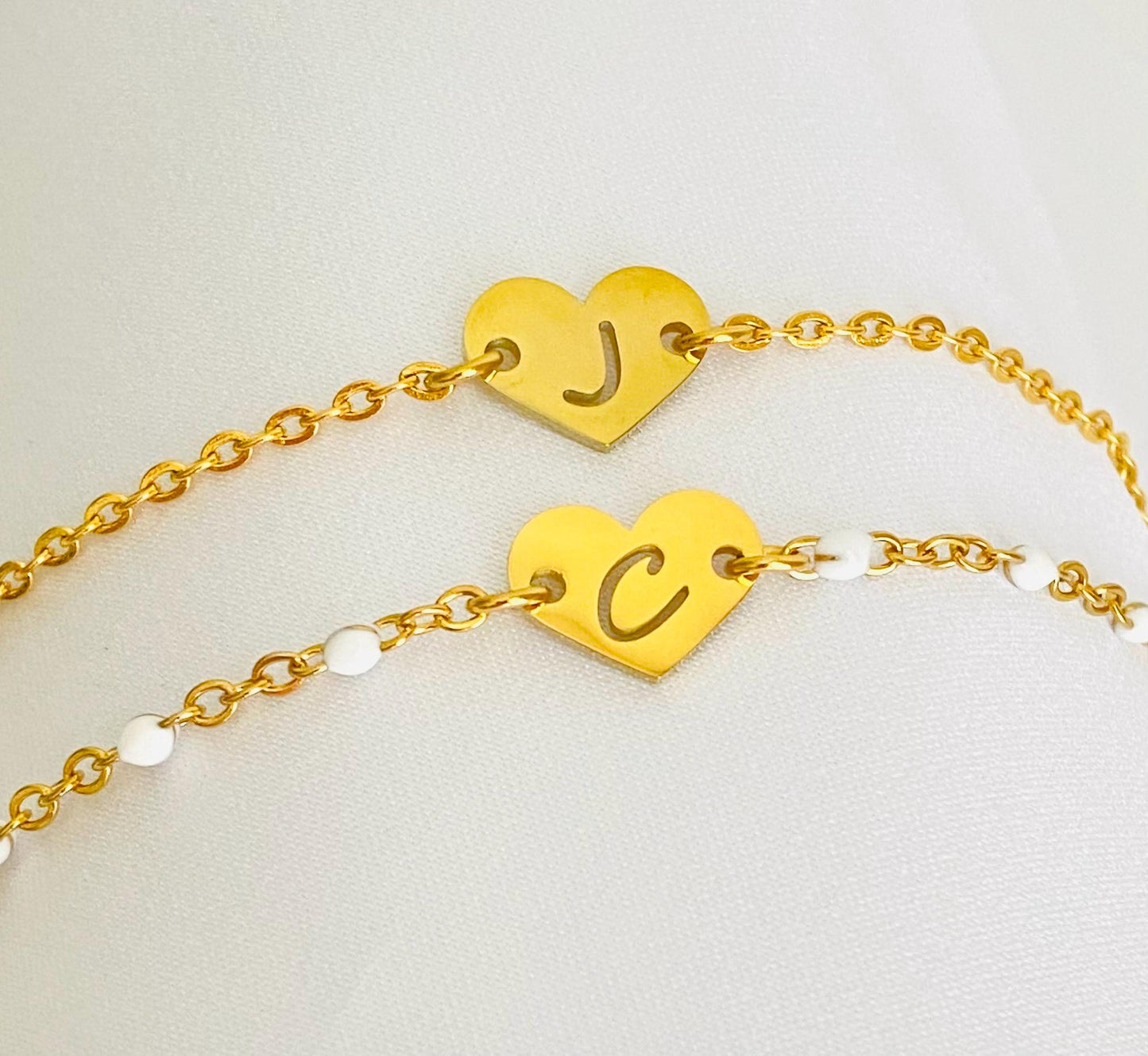 Gold Heart Initial Charm Bracelet • Personalized Letter Bracelet with Flat Cable Chain or White Enamel Beaded Chain